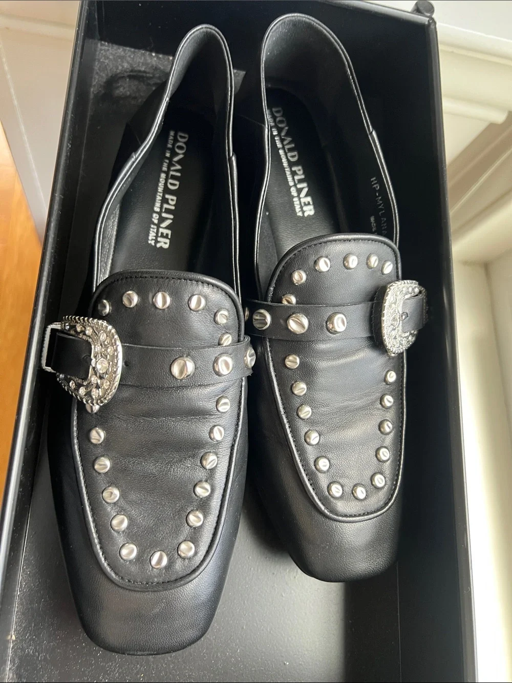 Donald J. Pliner Black Leather Studded Loafers with Decorative Buckle